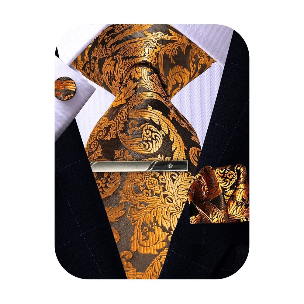 6386 Gold Paisley Tie Pocket Square Cufflinks Clip Set, Silk Woven Necktie